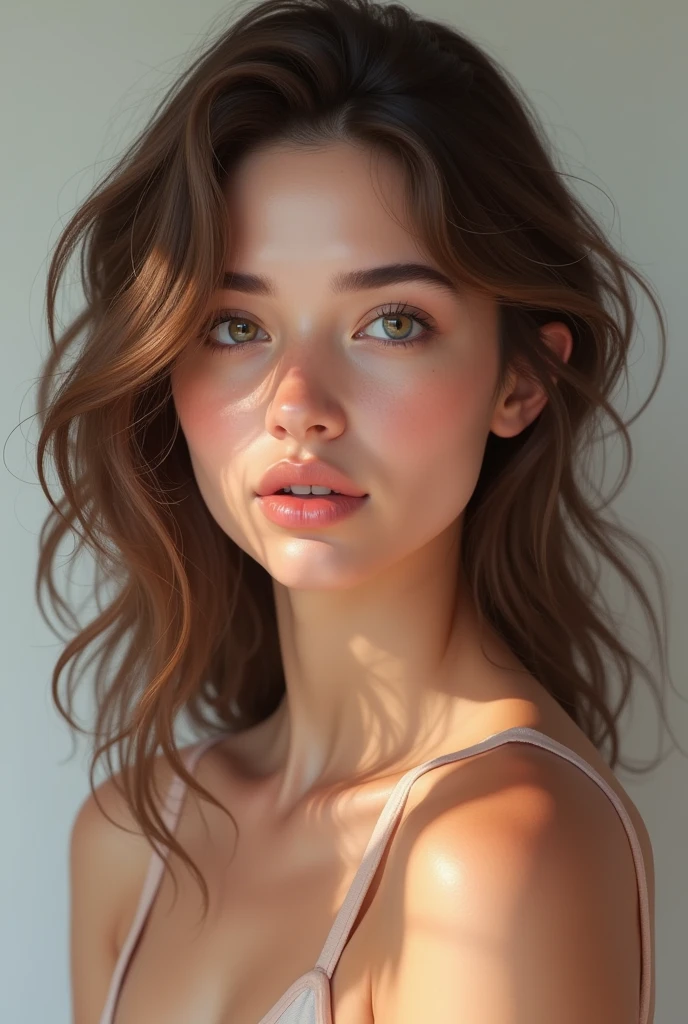 Generate me a beautiful young woman realistic enough as if she were alive. American-born with a clean-cut face but loose, wavy, brown hair