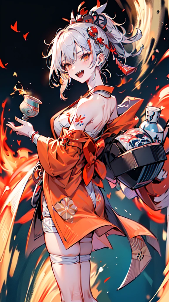 (((((roll up bandage sideways on a   tightly to cover the  without gaps))))),  (((bandage samweways))),, ((Japanese Gangster BOSS)), (((adult vampire woman with the dignified presence))), Killing Qi, wear nothing around shoulder, wear nothing around neck, wear the kimono, wear it below the waist, I wind it up to control it, and to attach it,  ((kimono come off)) ,wear the kimono multiple times, black and gold kimono, put on over jacket of kimono, a sword on the ground, long sword, low angle, whole body, anime character, Glaring, off sholder, Excellent, can see both shoulder, long kimono hem, small face, big tattoo on the arm,muscular,((((holding Japanese sake with sake cup)))), The kimono is spreading,ultra-detailed,super beautiful,Masterpiece,Killing Qi,Intimidation, a person,Selfish person,Ginkgo biloba pattern,Under the trees with autumn leaves,tall,Imposing,colorful kimono,Circular tattoo on the back, (((Hearty laughter)))