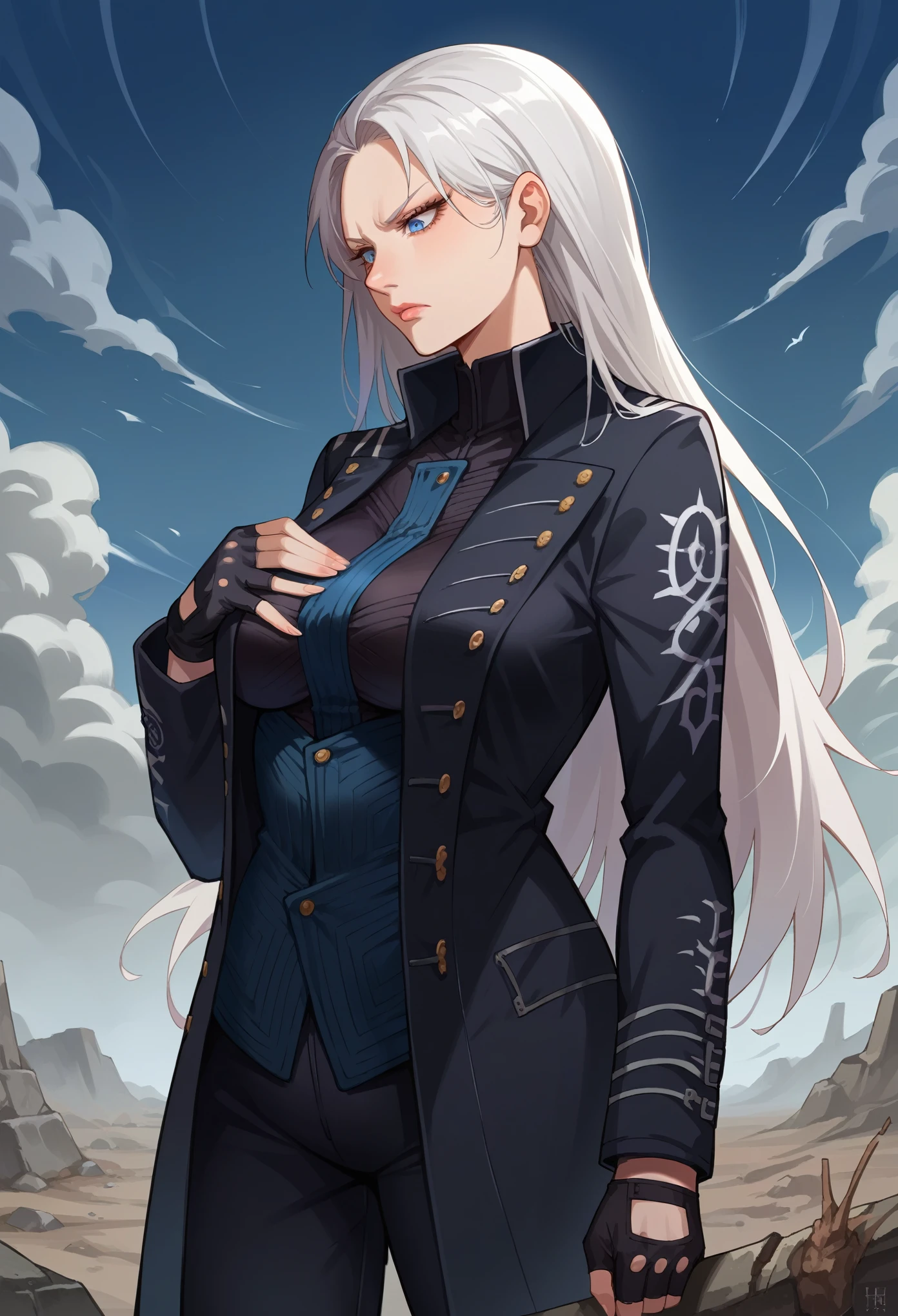 score_9, score_8_up, score_7_up, source_anime, 1girl, solo, female focus, dmc5vergil, white hair, long hair, medium breasts,blue eyes, black coat, fingerless gloves, pants, holding on breasts, standing, serious, looking down, wasteland, gray landscape, desolated, gray plain,