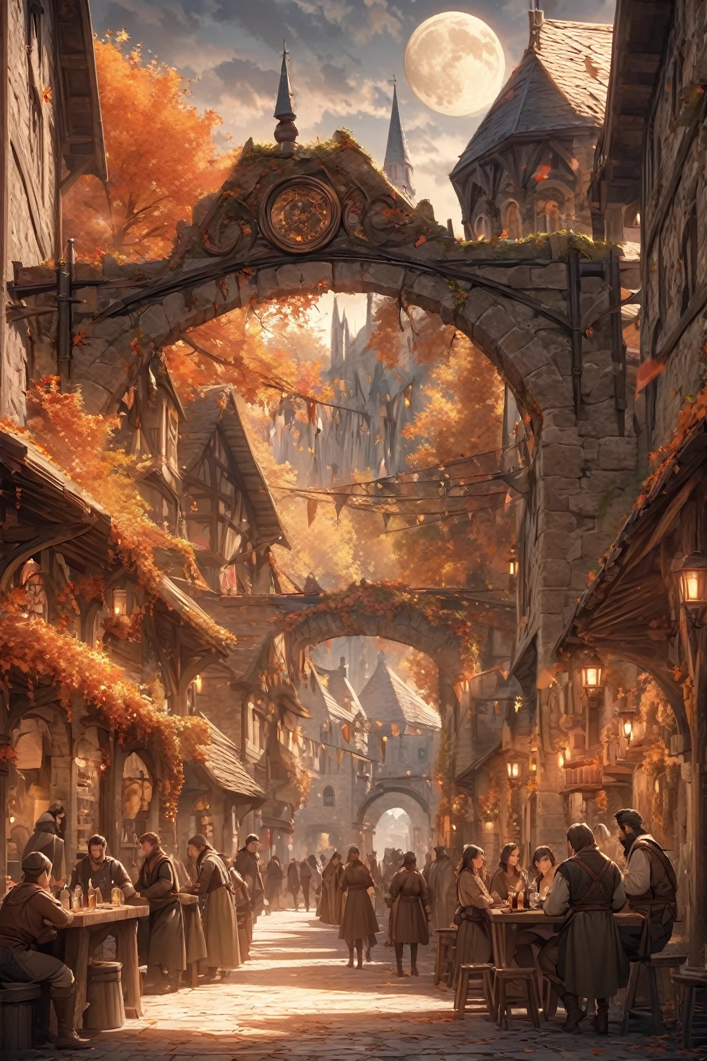 masterpiece, best quality, high quality, Very detailed CG 8k wallpaper unit, landscape, outdoor, set up, medieval tavern, autumn sky, autumn dusk, Autumn And Winter, cloudy day, The big moon shines, Award-winning photography, depth of field, high dynamic range, fountain, lifelike, Very detailed, complex, high detail, dramatic, art on the go, Artstation trends, CG social trends, Color difference.