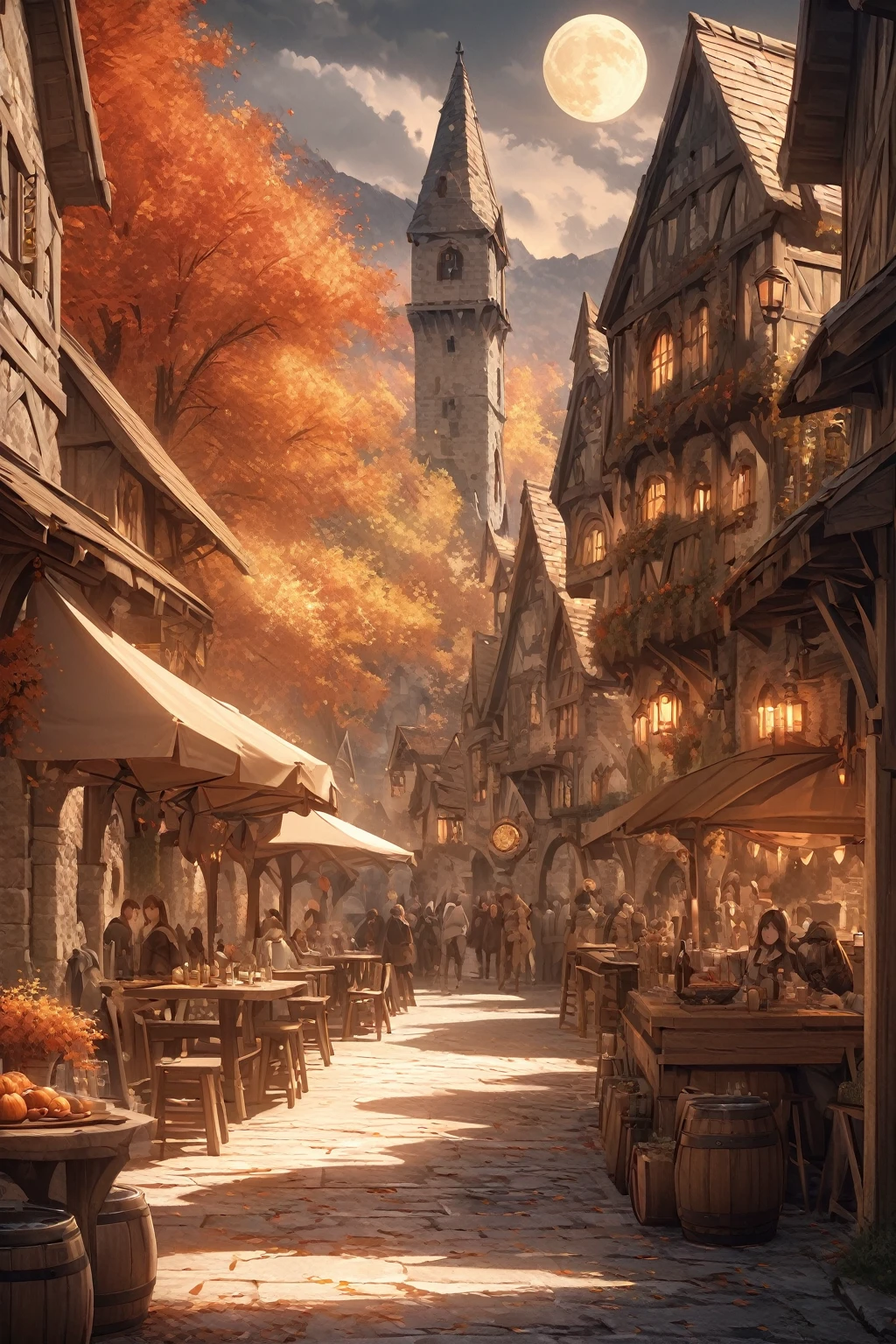 masterpiece, best quality, high quality, Very detailed CG 8k wallpaper unit, landscape, outdoor, set up, medieval tavern, autumn sky, autumn dusk, Autumn And Winter, cloudy day, The big moon shines, Award-winning photography, depth of field, high dynamic range, fountain, lifelike, Very detailed, complex, high detail, dramatic, art on the go, Artstation trends, CG social trends, Color difference.