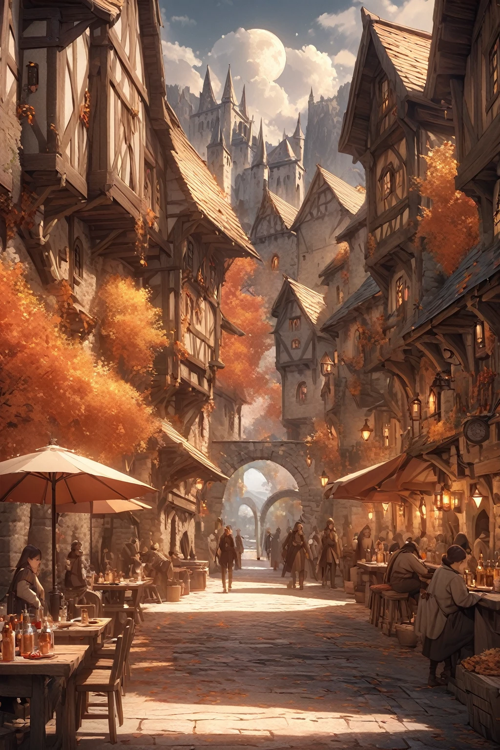 masterpiece, best quality, high quality, Very detailed CG 8k wallpaper unit, landscape, outdoor, set up, medieval tavern, autumn sky, autumn dusk, Autumn And Winter, cloudy day, The big moon shines, Award-winning photography, depth of field, high dynamic range, fountain, lifelike, Very detailed, complex, high detail, dramatic, art on the go, Artstation trends, CG social trends, Color difference.
