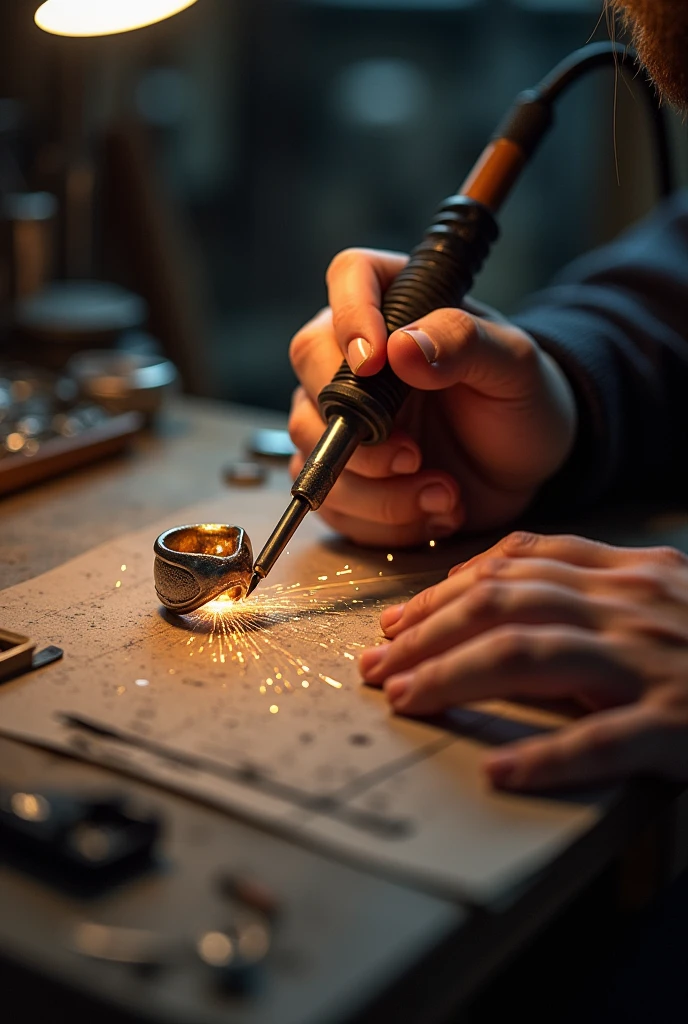 Soldering a ring with a soldering iron on a workbench