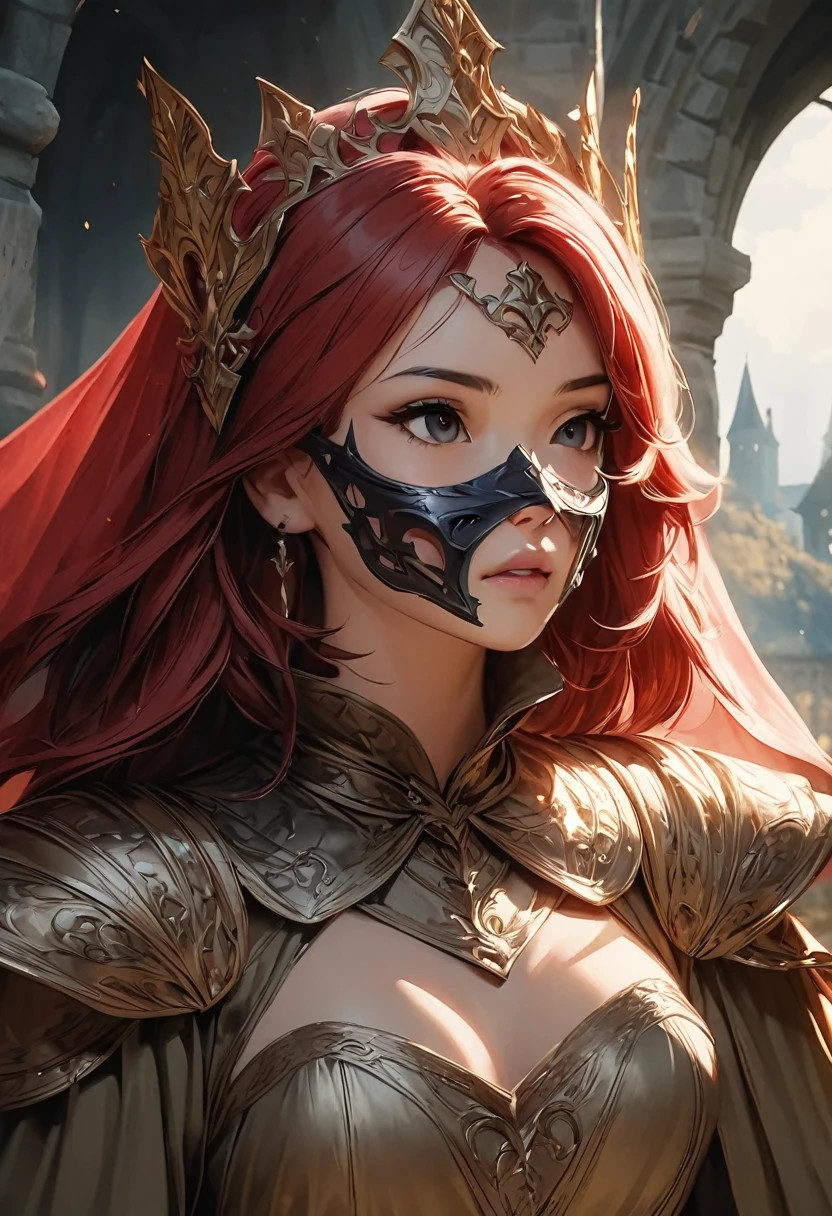 scarlet veil, beautiful young queen, iron mask, scarlet red hair, fair skin, kingdom of Hommeria, medieval setting, cold atmosphere, dark fantasy, grainy filter, detailed, film photography, fairy tale movie scene, portrait, cinematic, dramatic lighting, oil painting, digital art, highly detailed, hyperrealistic, intricate, ornate, cinematic composition, chiaroscuro, moody, atmospheric, captivating