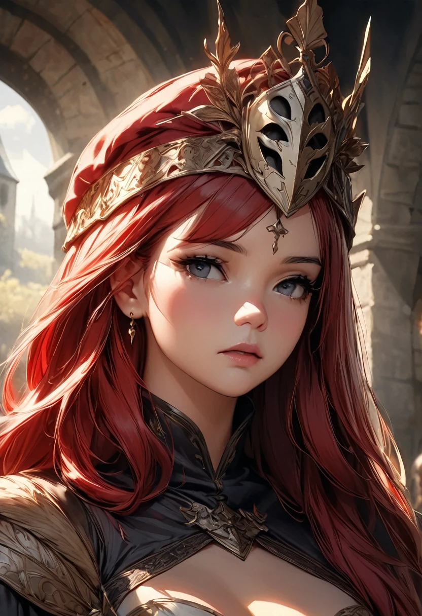 scarlet veil, beautiful young queen, iron mask, scarlet red hair, fair skin, kingdom of Hommeria, medieval setting, cold atmosphere, dark fantasy, grainy filter, detailed, film photography, fairy tale movie scene, portrait, cinematic, dramatic lighting, oil painting, digital art, highly detailed, hyperrealistic, intricate, ornate, cinematic composition, chiaroscuro, moody, atmospheric, captivating