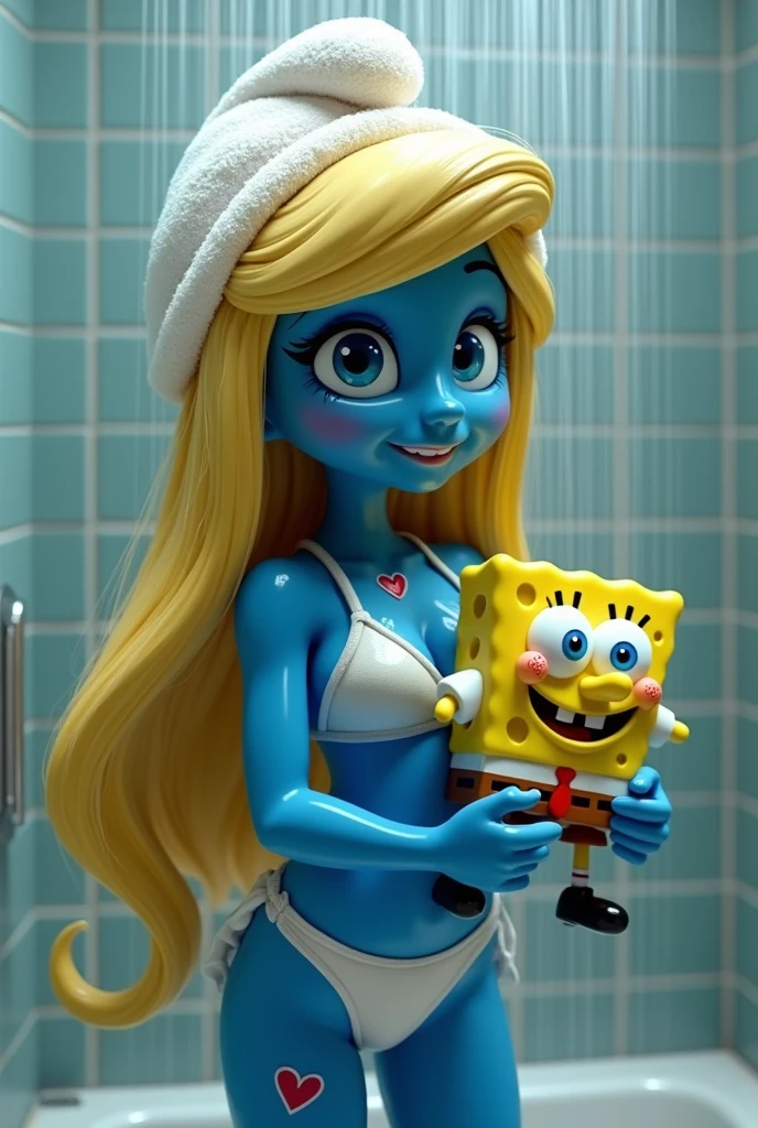 an adult blue Smurfette taking a shower  holding a happy SpongeBob SquarePants toy. the Smurfette have a tatoo of a heart on her chest. and a scar in her legs. her body and blond hair is all wett.