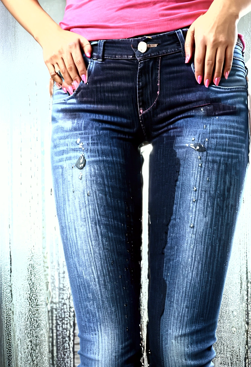 Slim sexy girl, in jeans, and a pink t-shirt, wetting her jeans, big dark pee stain, pee stained jeans, glittering wet fabric.