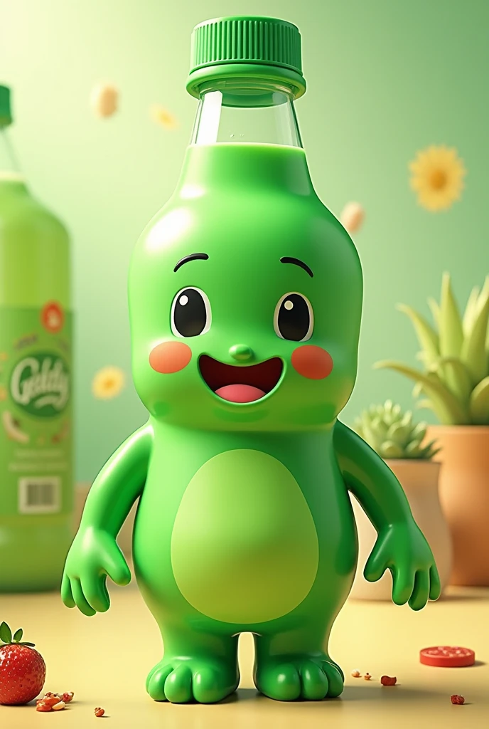 green pet bottle with human features, dollynho soda mascot