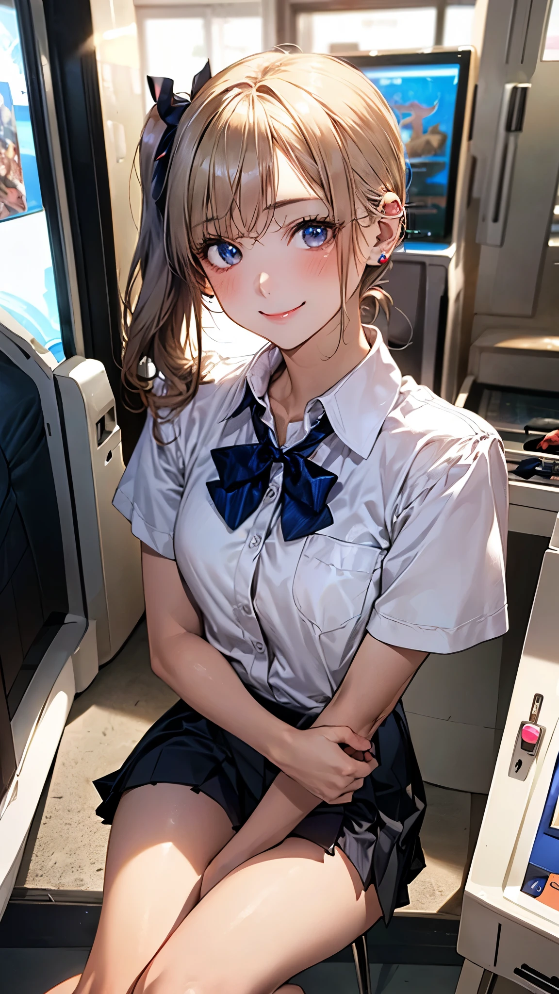 (masterpiece:1.2, highest quality), (realistic photo:1.4), beautiful illustrations, (natural side lighting, movie lighting),
beautiful hair, beautiful face, detailed and beautiful eyes, beautiful clavicle, beautiful body, beautiful breasts, beautiful thighs, beautiful feet, beautiful fingers,
looking at the viewer, 1 girl, high school girl, (perfect anatomy, anatomically correct, super detailed skin), cute symmetrical face, , perfect face, perfect eyes,
(middle hair, side ponytail, light blonde hair), swept bangs, blue eyes, long eye lasher, (medium breasts, seductive thighs), perfect body, shiny skin, slender,
(short sleeve white collared shirt, navy pleated mini skirt, break blue bow tie), break white socks, earrings, break
(beautiful scenery), evening, (game_center, scenery, arcade cabinet, chair, poster (object), indoors), (sitting chair), (lovely smile, upper eye),