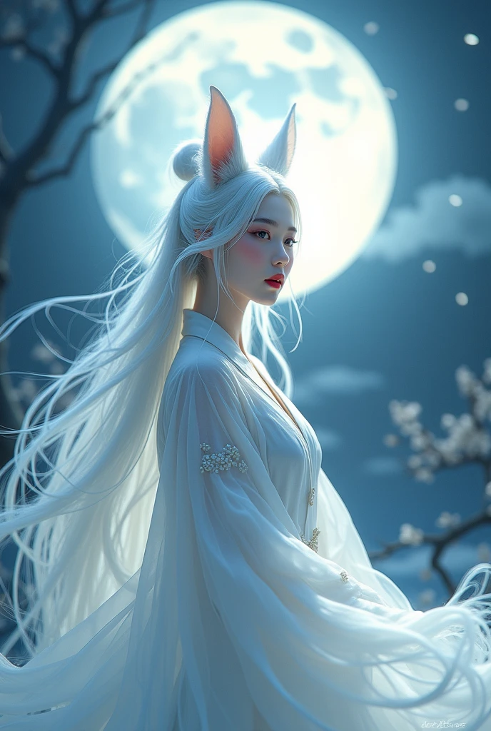 Woman, white hair, red lips , gorgeous, Chinese ancient white garment, fox ears, moonlight, Chinese 2d animation,ultra high resolution, 8k, 
