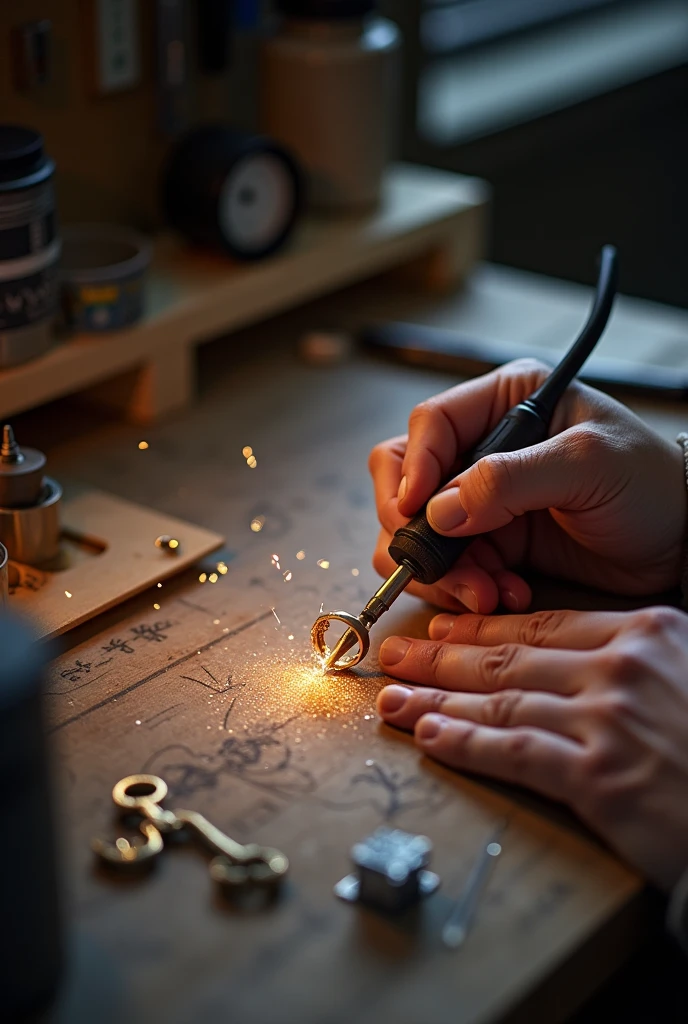 Soldering a ring with a soldering iron on a workbench