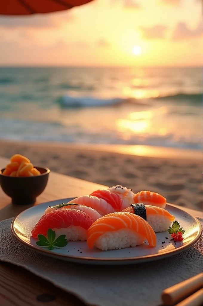 Photo realiste d'une assiette de sushi sur une table au bord de la plage, sur le sable, avec un couche de soleil