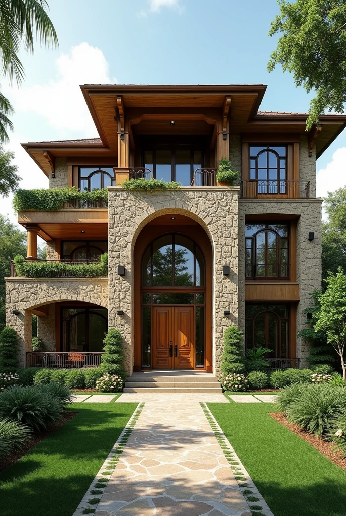 realistic photo, modern style colonial mansion, with large windows, High ceilings, Main materials rustic rock and carved wood, high entrance door,with a second floor only in half of the house, with lots of trees and plants around and green areas