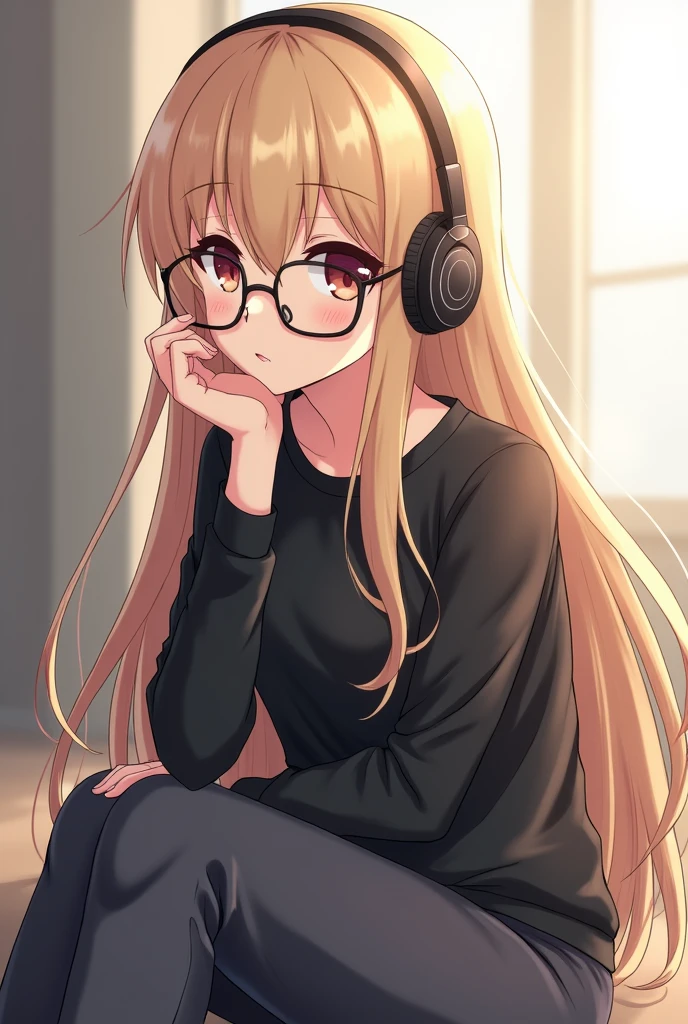 Anime girl with long blonde hair with bangs has glasses wears headphones black shirt dark gray pants light skin sitting with a somewhat serious expression 