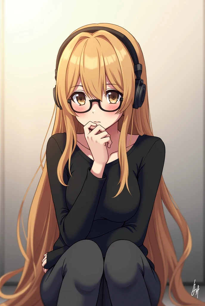 Anime girl with long blonde hair with bangs has glasses wears headphones black shirt dark gray pants light skin sitting with a somewhat serious expression