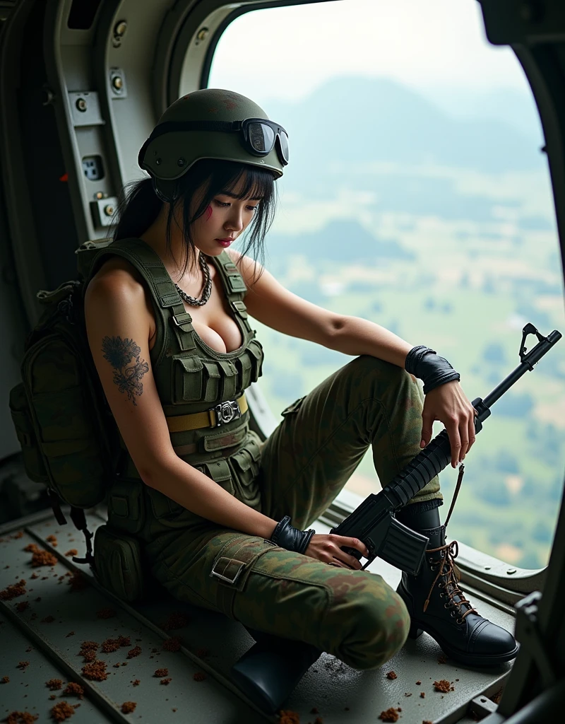 Photo-realistic, ultra-realistic, (very beautiful Japanese, famous Japanese idol:1.3), (Fully equipped for battle:1.5), large assault rifle on her back, (Experienced army paratroopers:1.5),(Sitting in the cargo bay of a large Army transport plane for an Army skydiving mission:1.5), (painful impressions, crying:1.3), (wearing an army paratrooper's Camouflage outfits with military helmet:1.5), very large breasts, (tactical vest, military harness:1.3), (military long boots:1), amazing view in the plane, acrobatic pose, dynamic angle, spectacular, (injured:1.3), (muddied, damaged wears, damaged body:1.3),