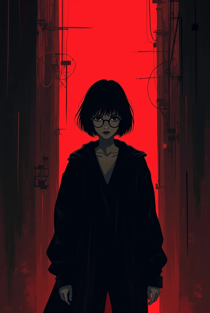 A dark red and black background, a woman in the center of the picture with short hair wearing glasses dressed in silhouette form, full-body portrait, dark cartoon style, simple lines, flat illustration, cyberpunk, flat comic style, bold composition, high-contrast shadows, strong light effects, mysterious atmosphere. In the style of Hayao Miyazaki's manga style, high resolution, high quality, high detail, high definition.