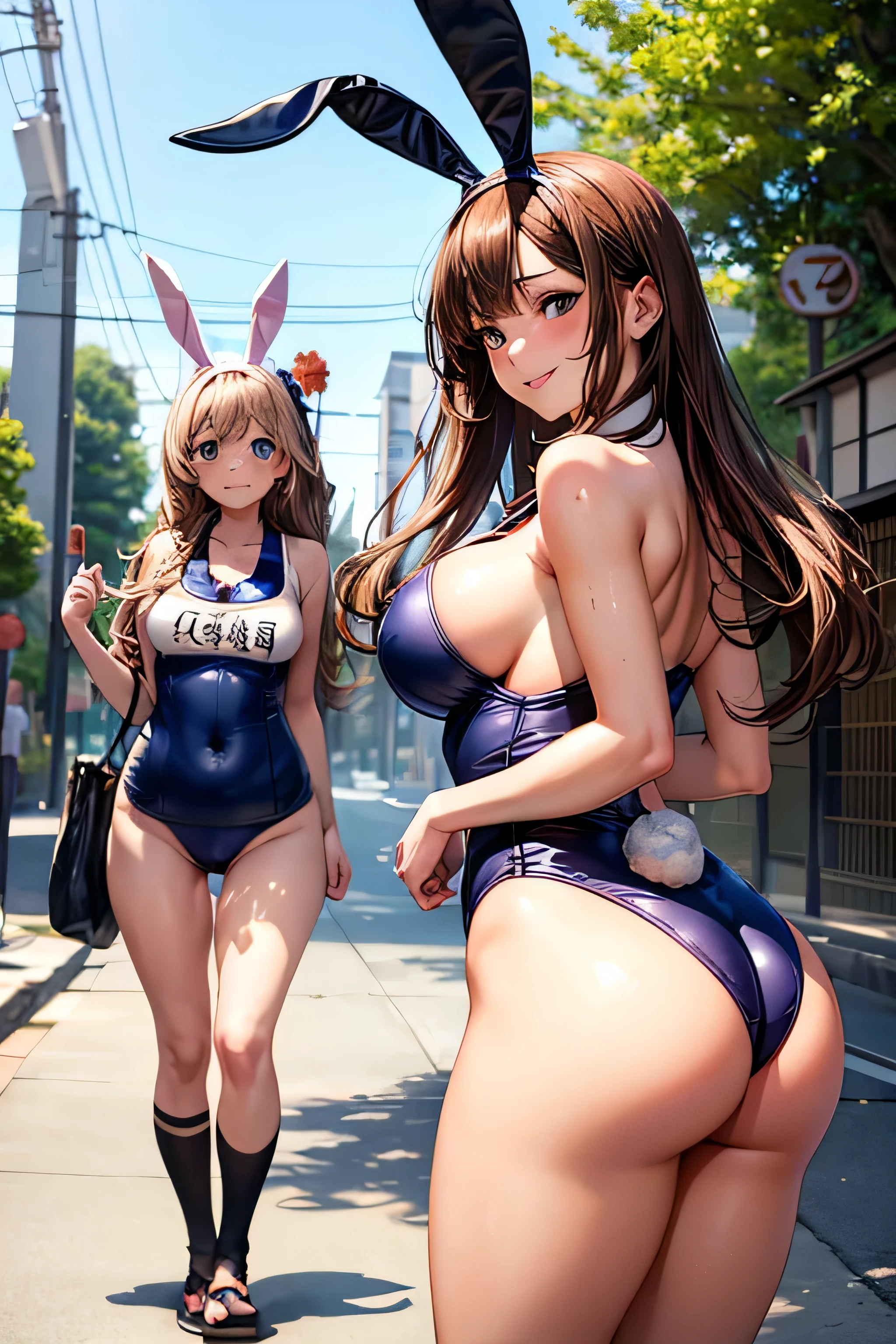 High resolution, high quality, Two beautiful girls in school swimsuits walking down the street。, Two Girls, Anime,((Captivating smile:1.2)),(shame),Estrus,((((Japanese School Swimsuit，There is a name tag on the chest))))，((High leg))，((Playboy Bunny:1.2))，Two-dimensional beautiful girl,Brown long hair, Brown eyes, Green glasses,heart shaped pupils,Sunburned skin,Super big breasts,beautiful breasts, (Big Ass),beautiful ass,super highleg swimsuit,liar, Knee socks, Looking Back,Embarrassed,Realistic,Angle from behind,