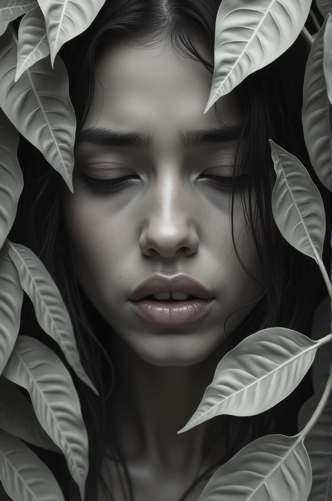 Generate a crying woman, in an uncolored mango leaf texture