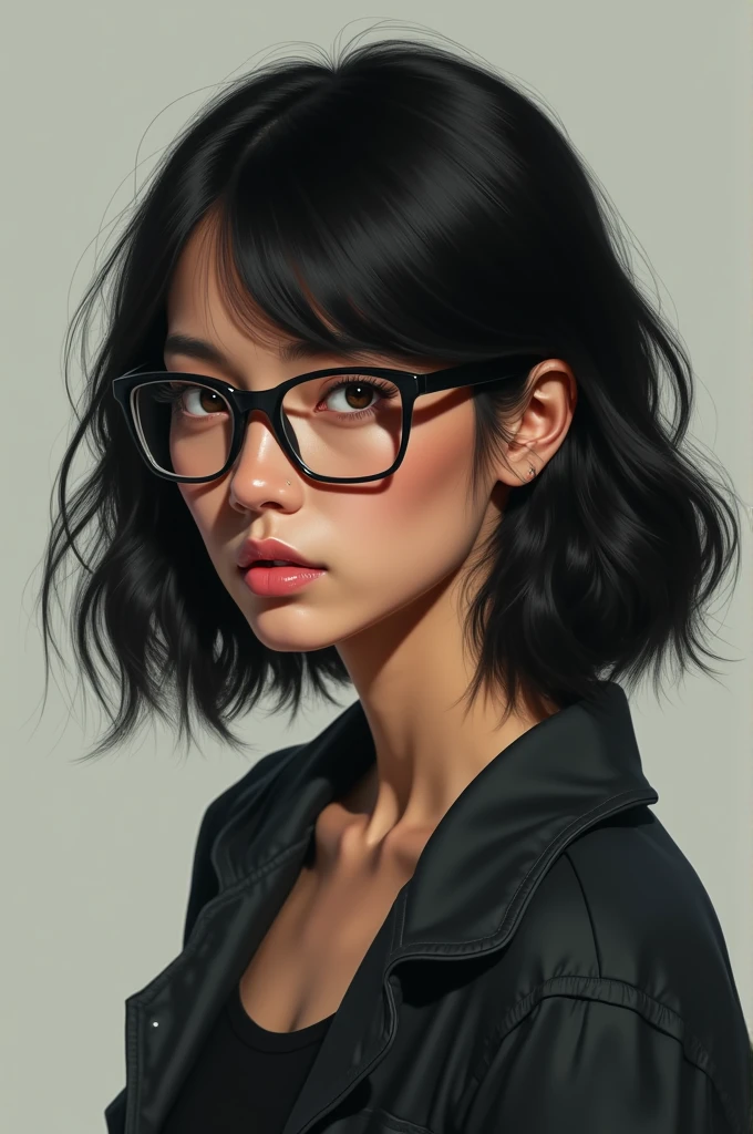 Make a girl out of , Bblack hair, myopic, square glasses, Bullish, slim, white