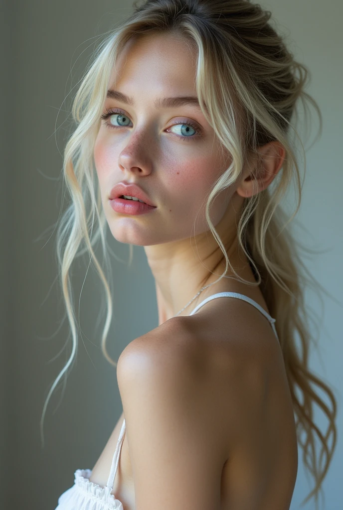 raw photo of beautiful female, upper body,  looking at camera, centered portrait upper body, Miss Sweden, slim perfect face, natural look, playmate, wavy blonde, wet hair tied in a bun, supermodel, wet skin, pale skin, blushing cheek, very very small bust, closing eyes, feeling ecstasy, nude skin, in photo studio