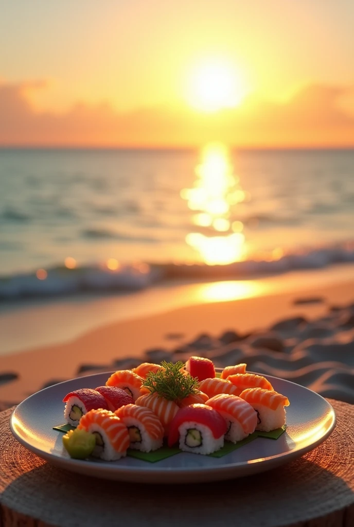 Photo realiste d'une assiette de sushi sur une table au bord de la plage, sur le sable, avec un couche de soleil