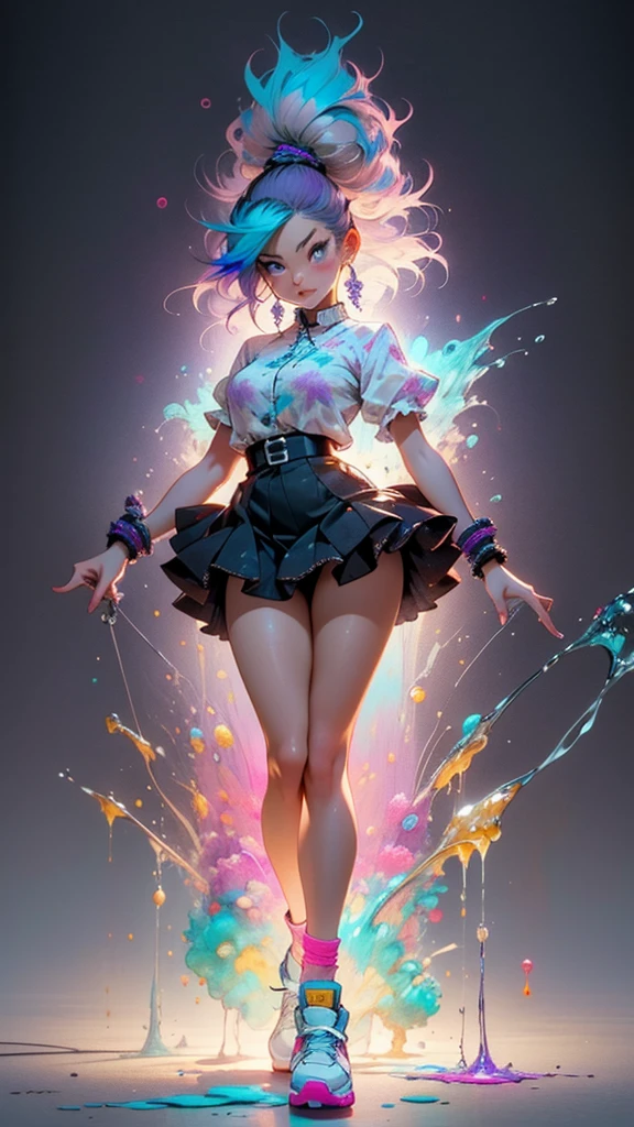 1girl, (masterpiece), (best quality), smile brightly, 1 woman, 2, bewitching, show off underwear, frilled underwear:1.2, blue color underwear, layered skirt, swell one's loins++, fullback underwear , large breast , cute outfit:1.2, (leg up, grab knee, standing split) , skirt, cinematic,,((masterpiece))),Highest quality, Adult women, , ((:1.3)), お洒落なClothes, blush, anger, anger eye, Biting your lip, Glaring at me, Spread your legs, (((transparent String))), socks, (((transparent String))), ((extremely thin transparent String)), see-through String, The shadow of a man above her, ((wet String)), Clothes, Pink character t-shirt, ((Wet T-shirt)), (((Wet Skin))), ((From the back)),(((String))), (((Underbust))), ((((liquid paint hair:1.1)))) ,((((neon Purple Hair | Neon pink hair | Neon blue hair | Neon Aqua Hair | Purple Hair | Fuchsia colored hair | Fluorescent blue hair | Amethyst Hair | Neon Hair | Bright pink hair :1.5)))), ((((Made with paint、Defying Gravity,A thick current)))),((((Paint splashes:1.3,Shiny Hair: 1.3)))),(((transparent Clothes))),(((Long braids of liquid paint))),Glamorous Body,Plump thighs,Realistic Flesh,Backlight,Shiny Hair,is,Panties in full view,Plump thighs,Muscle streaks,Playing with fireballs,Glowing magic circle,