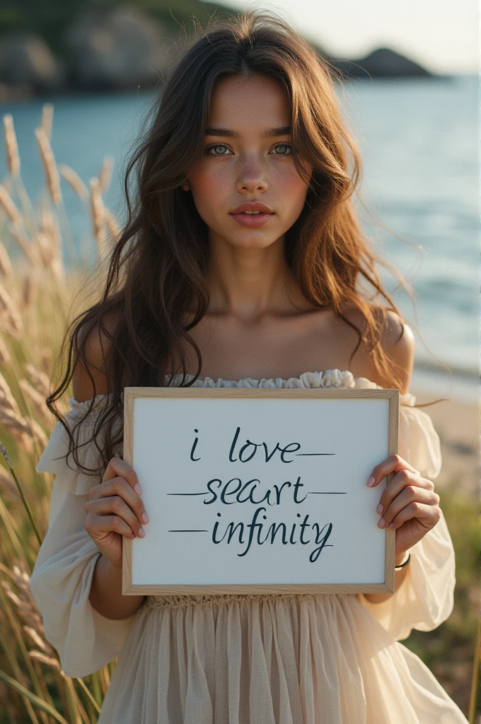 Beautiful girl with wavy long hair, bohemian dress, holding a white board with text "I Love Seaart Infinity" and showing it to the viewer