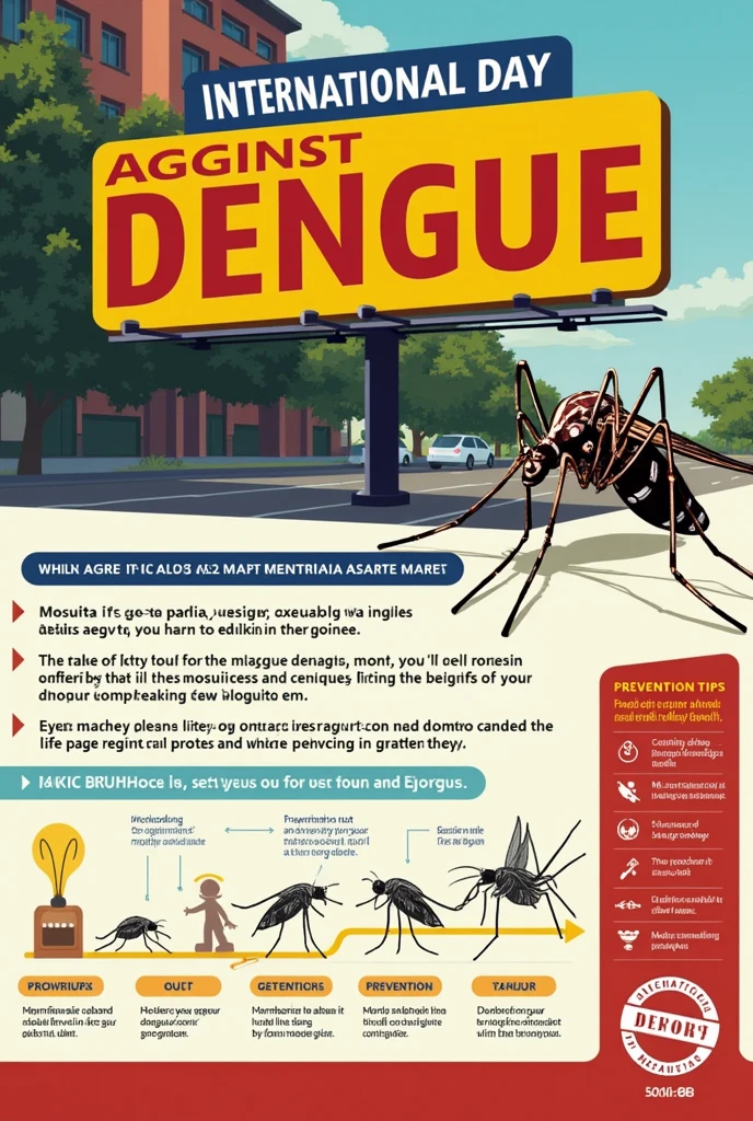 1. Main Title Text: “International Day against Dengue” Date: 26 de Agosto
Location: Top center of the billboard.
FORMAT: Big, bold letters in vibrant colors, like red or yellow, to grab attention.
2. Introduction to the Topic Text: “Dengue is a viral disease transmitted by the Aedes aegypti mosquito.. This August 26th, Let's raise awareness about the importance of preventing and combating dengue to protect our families and communities.”
Location: Just below the title, centered.
FORMAT: Medium size text, with a color that contrasts well with the background.
3. Image of the Aedes Aegypti Mosquito Description: Close-up image of the Aedes aegypti mosquito.
Location: To the right or left of the introductory text.
Message: "Identify the enemy: This is the mosquito that transmits dengue!"
4. Mosquito Life Cycle Infographic Text: “The life cycle of the Aedes aegypti mosquito depends on stagnant water. Eliminate breeding sites and break the cycle!”
Location: Place the infographic in the center of the billboard, making sure it is easy to read.
FORMAT: Infographic with the stages of the life cycle (egg, larva, red, adult) with arrows connecting each stage.
5. Prevention Measures Text: "How can you prevent dengue fever??"
“1. Eliminate containers that accumulate water in your home.
2. Change the water in flower vases and animal waterers every day.
3. Put mosquito nets on doors and windows.
4. Use repellent to protect yourself from bites.
5. Participate in community fumigation and cleaning days.”
Location: Under the infographic or to the side, in a column.
FORMAT: Numbered list, with icons or small images next to each point (For example, an image of a clogged tank, a person using repellent, etc.).
6. Prevention Image Description: Image of a person eliminating mosquito breeding sites (how to empty a bucket of water).
Location: Near the prevention measures section, to re