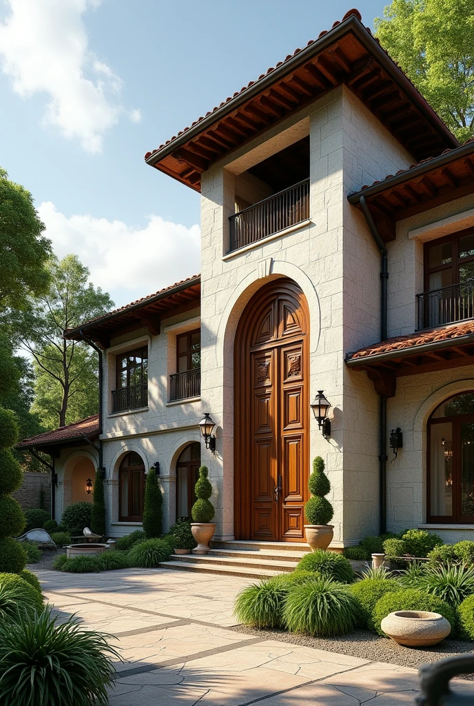 realistic photo, modern style colonial mansion, with large windows, High ceilings, Main materials rustic rock and carved wood, high entrance door, with lots of trees and plants around and green areas