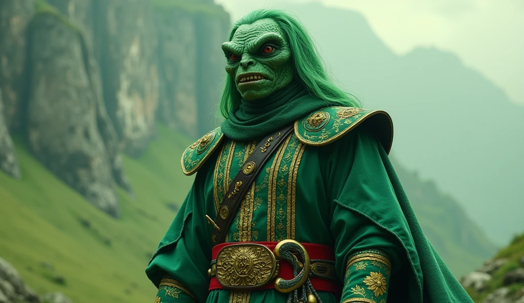Turkmenistan as a sovietic League of Legend creature principally in green, dark green and light green with carmine and yellow details colors. Intricated clothing. Cinematic Fantasy sci-fi landscape background