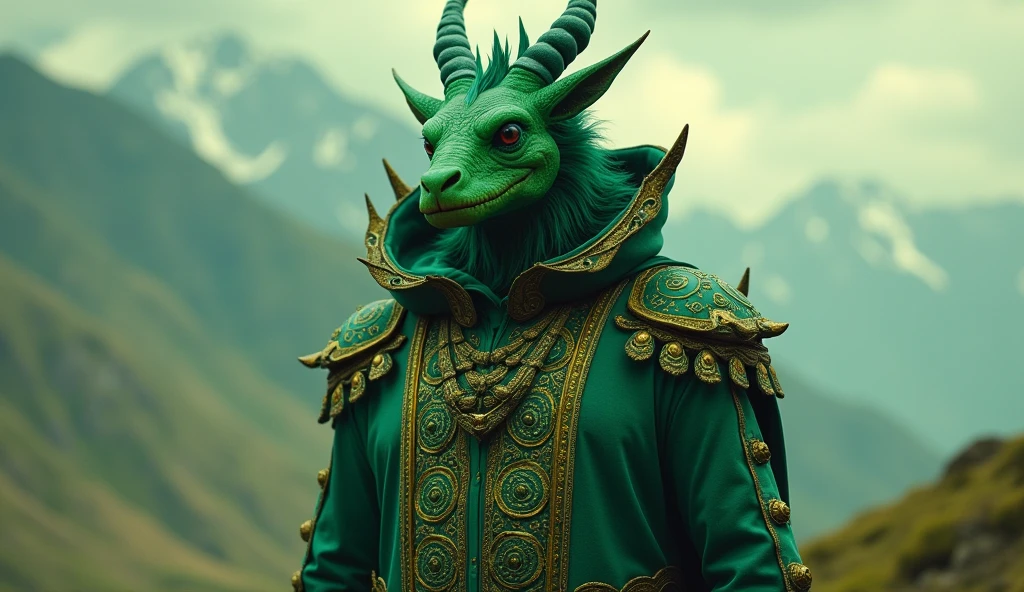 Turkmenistan as a sovietic League of Legend creature principally in green, dark green and light green with carmine and yellow details colors. Intricated clothing. Cinematic Fantasy sci-fi landscape background