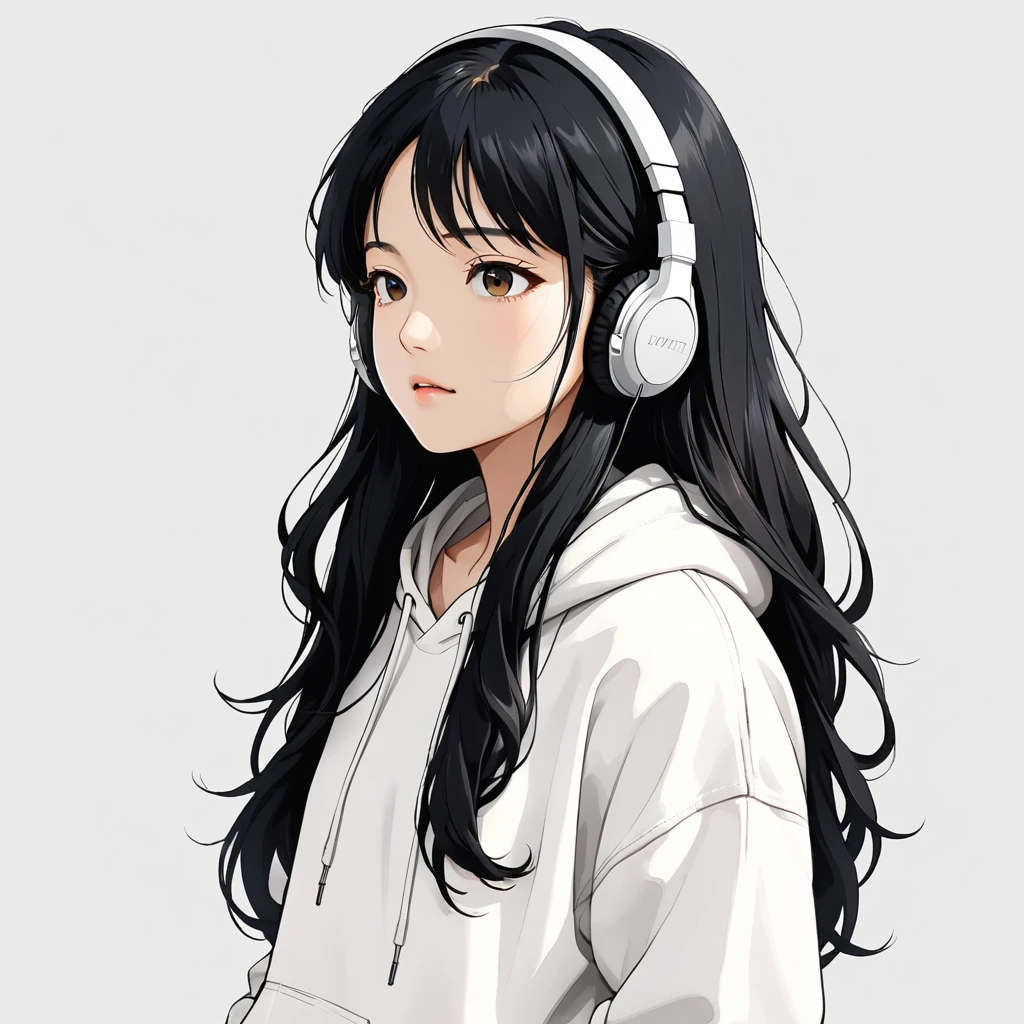 Headphones、Black Hair、Long Hair、close ~ eye、White hoodie、Upper Body、Simple Background、、Japanese