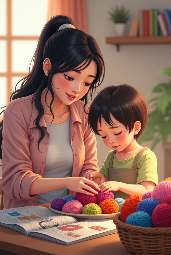 Woman teaching a child how to make Amigurumi dolls next to them a basket full of colorful yarn and magazines
