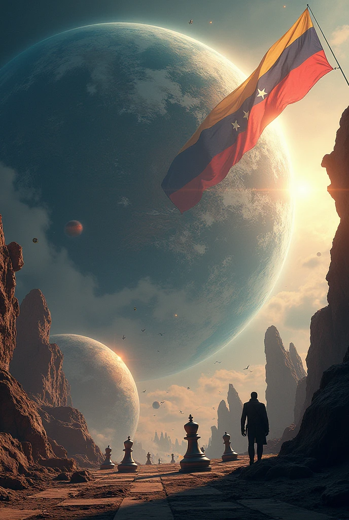 I want a picture of the.Planet Earth covered in chess format with giant chess pieces which is spinning at high speed approaching another similar planet and beings from other planets are waiting and in the background you can see a giant Venezuelan flag