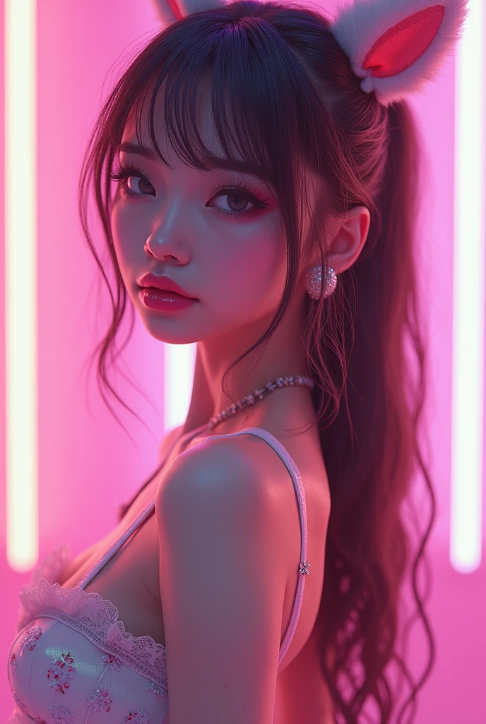 (full body shot, slim waist, body:1.4), a super cute e-girl, beautiful detailed eyes, beautiful detailed lips, extremely detailed face, long eyelashes, cute outfit, neon lights, glowing skin, glossy makeup, colorful eyeshadow, pastel colors, kawaii aesthetic, cinematic lighting, 8k, high quality, photorealistic, detailed, digital art