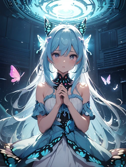 In a magical lab bathed in moonlight, a laptop's glowing screen reveals a serene landscape beyond a large window. Soft blue neons illuminate white flowers by a tablet and PC, hinting at a creative aura. A vocal microphone and headphones add to the enchanting ambiance. This anime-inspired digital painting, winner of a pixiv contest, captivates with its mystical realism and fairy tale allure, drawing viewers into a cozy, imaginative world of creativity and tranquility.