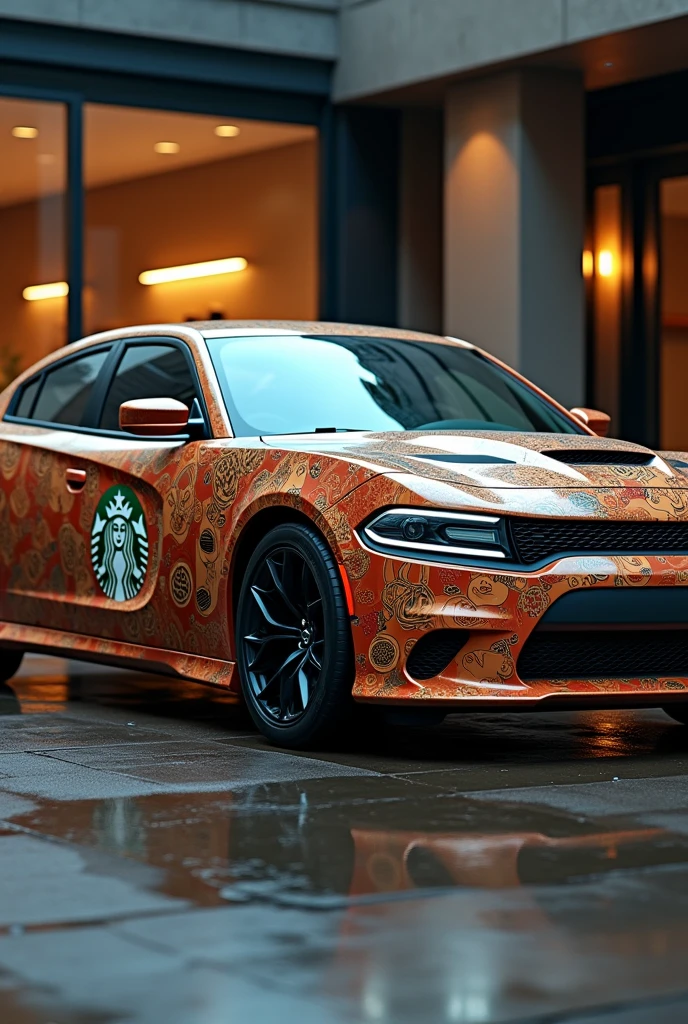 A 2023 dodge charger with a unique starbucks wrap