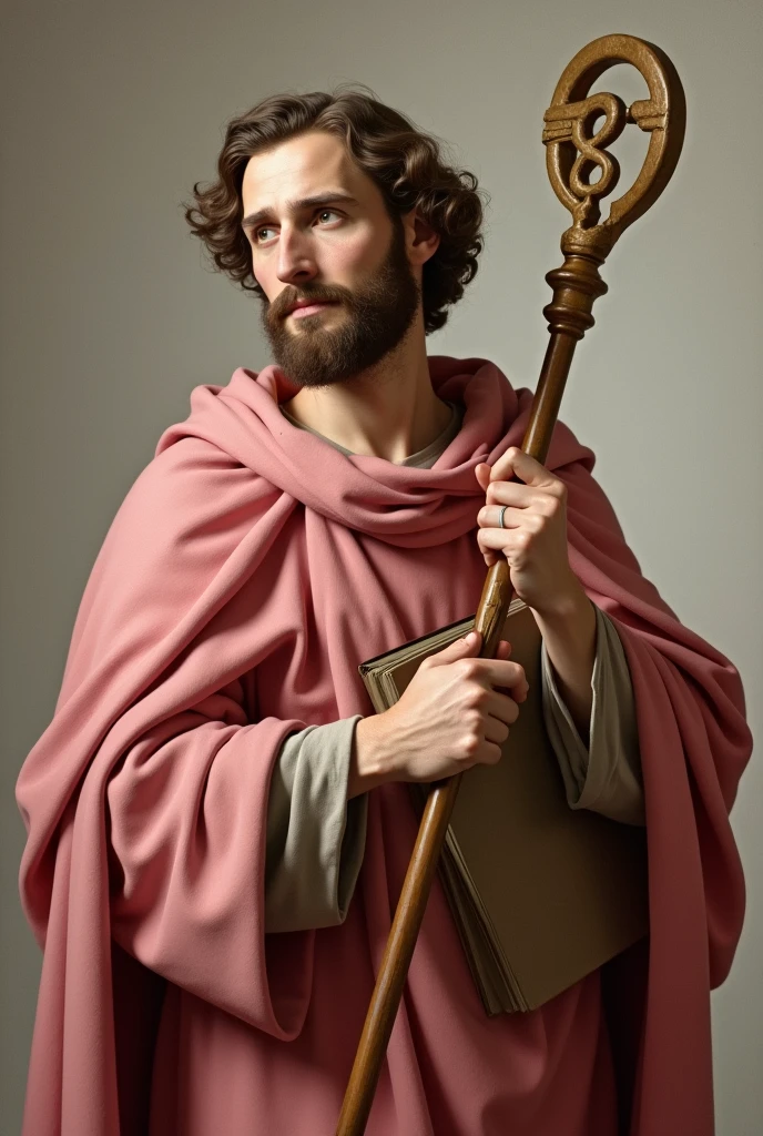 apostle saint matthew, patron of accounting, with pinkish red cloak, holding a quill pen with the right hand, a notebook with the left hand, and a Caduceus staff, symbol of the Faculty of Accounting Sciences, leaning on his left shoulder.