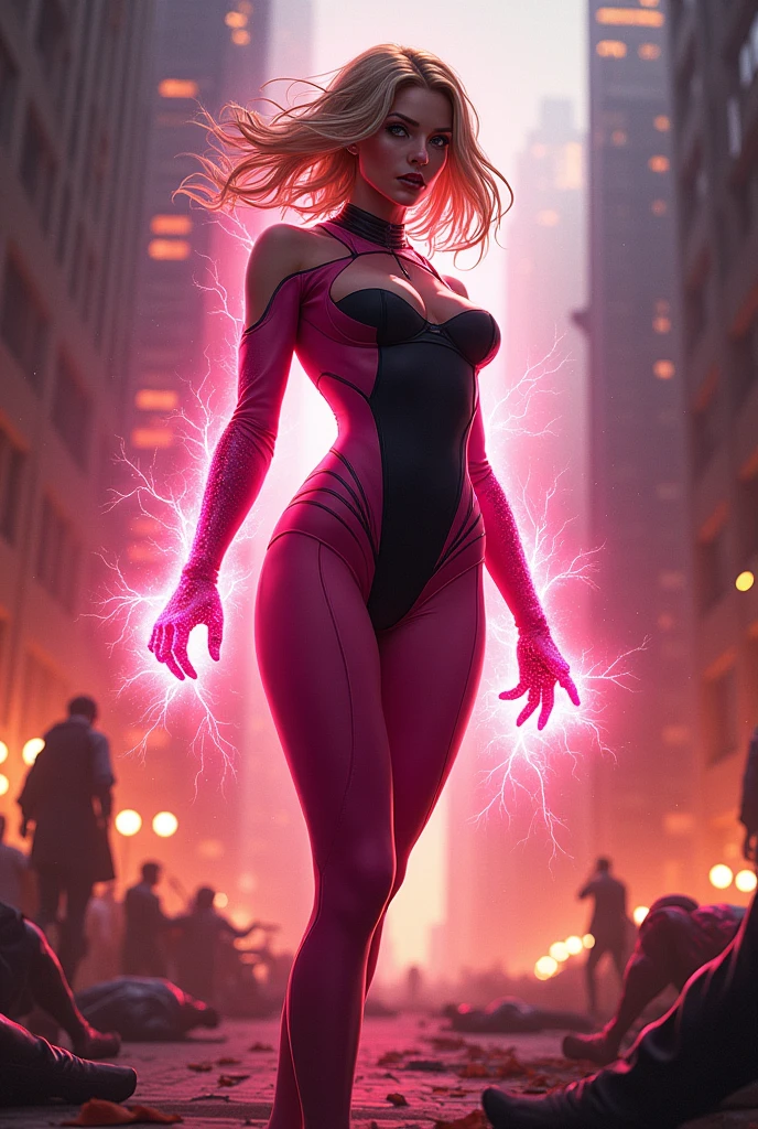 Seductive and Beautiful young woman with a soul of pure evil and hatred. Alluring shorthaired blonde supervillainess with energy blast powers.  Attacking a city snd killing random people.  A sinister smirk crosses her glossy lips.  Skintight pink and black costume accentuate her curves.