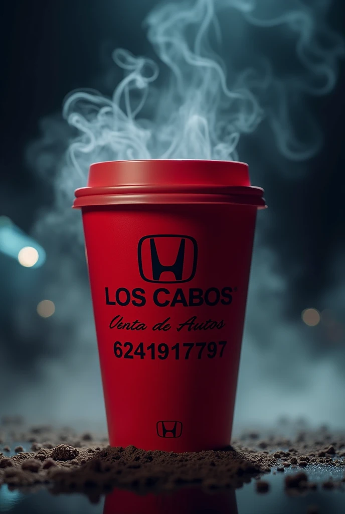 portrait artistic photo of a very fashionist red coffe cup, add ¨honda los Cabos¨ text on it and add text ¨Venta de Autos¨ and add text ¨INFO: 6241916797¨, heat smoke on it , add honda logo , night view profesional photo