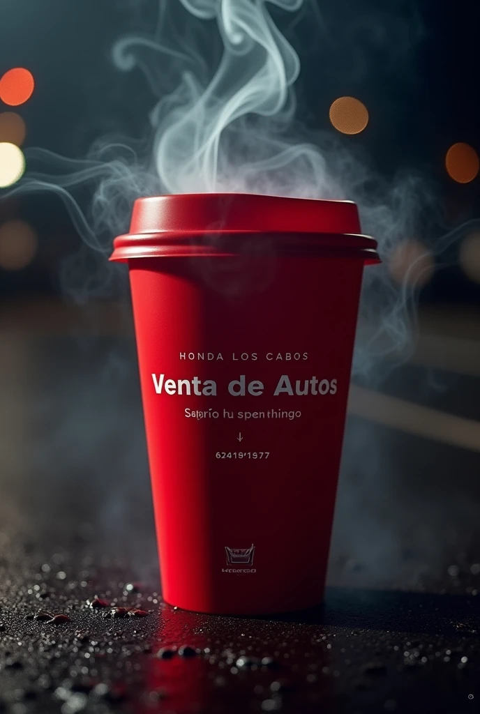 portrait artistic photo of a very fashionist red coffe cup, add ¨honda los Cabos¨ text on it and add text ¨Venta de Autos¨ and add text ¨INFO: 6241916797¨, heat smoke on it , add honda logo , night view profesional photo