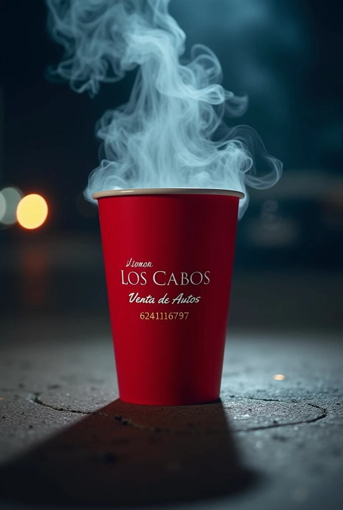 portrait artistic photo of a very fashionist red coffe cup, add ¨honda los Cabos¨ text on it and add text ¨Venta de Autos¨ and add text ¨INFO: 6241916797¨, heat smoke on it , add honda logo , night view profesional photo