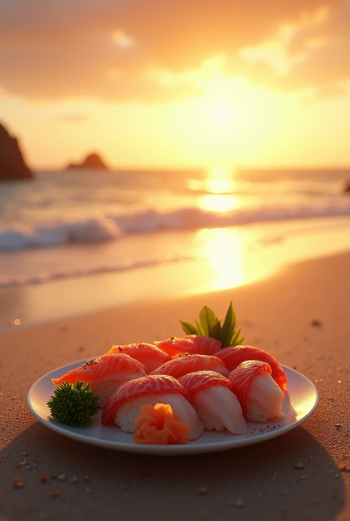 Photo realiste d'une assiette de sushi sur une table au bord de la plage, sur le sable, with a sunset, without the blurred background