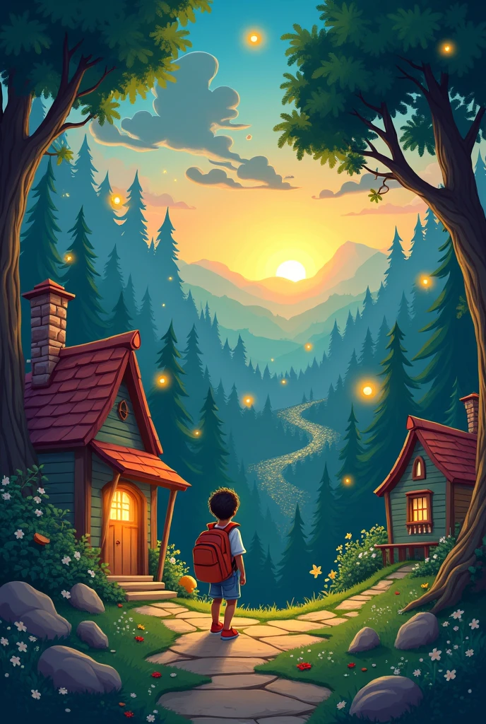 (cartoon style) A quaint village nestled deep within a vibrant, enchanted forest. As the sun dips below the horizon, casting long, dancing shadows, a young villager discovers their pantry is empty. Strange, glowing orbs float mysteriously outside, leaving behind a trail of twinkling dust.