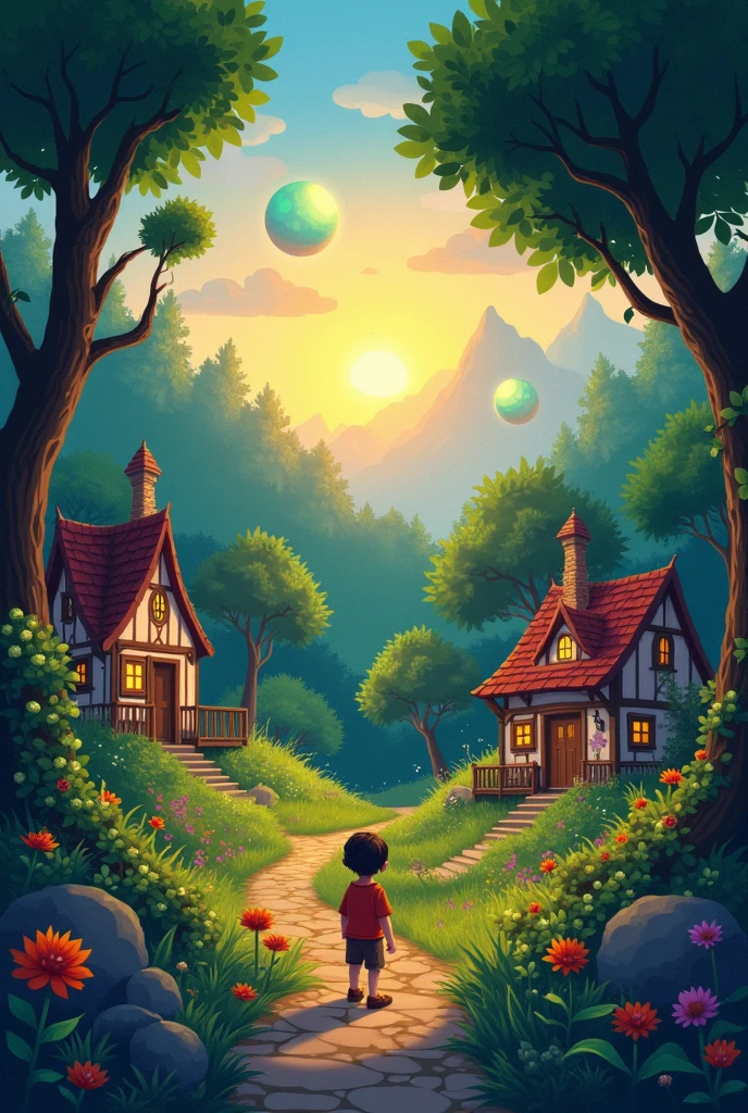 (cartoon style) A quaint village nestled deep within a vibrant, enchanted forest. As the sun dips below the horizon, casting long, dancing shadows, a young villager discovers their pantry is empty. Strange, glowing orbs float mysteriously outside, leaving behind a trail of twinkling dust.