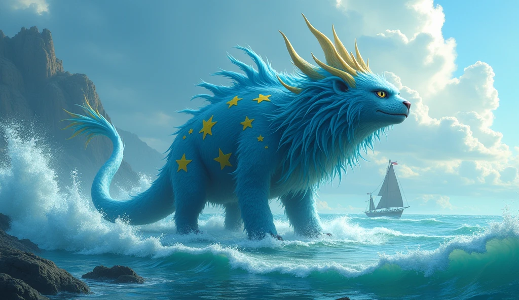 Tuvalu as an oceanic League of Legend creature principally in light blue. Nine yellow five-pointed stars. little british flag (Union Jack). Intricated clothing. Cinematic Fantasy sci-fi landscape background