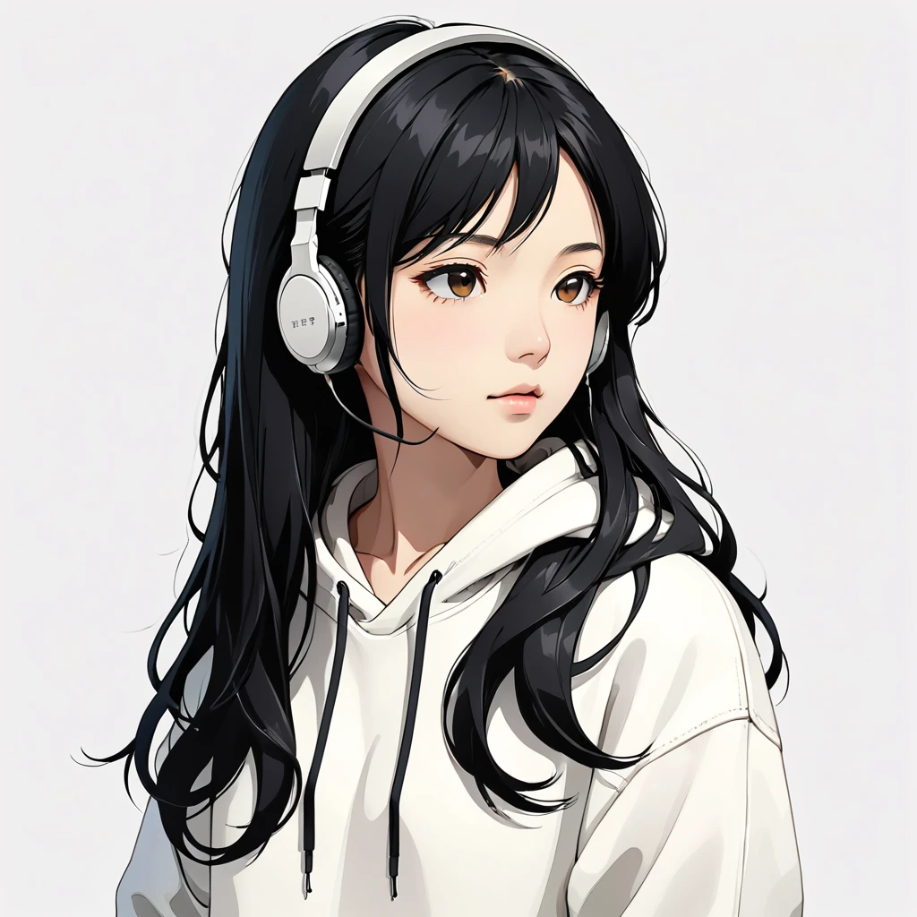 Headphones、Black Hair、Long Hair、close ~ eye、White hoodie、Upper Body、Simple Background、、Japanese