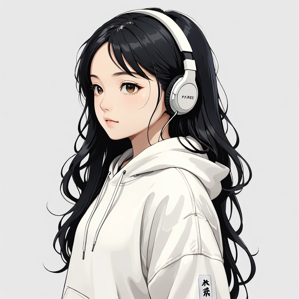 Headphones、Black Hair、Long Hair、close ~ eye、White hoodie、Upper Body、Simple Background、、Japanese