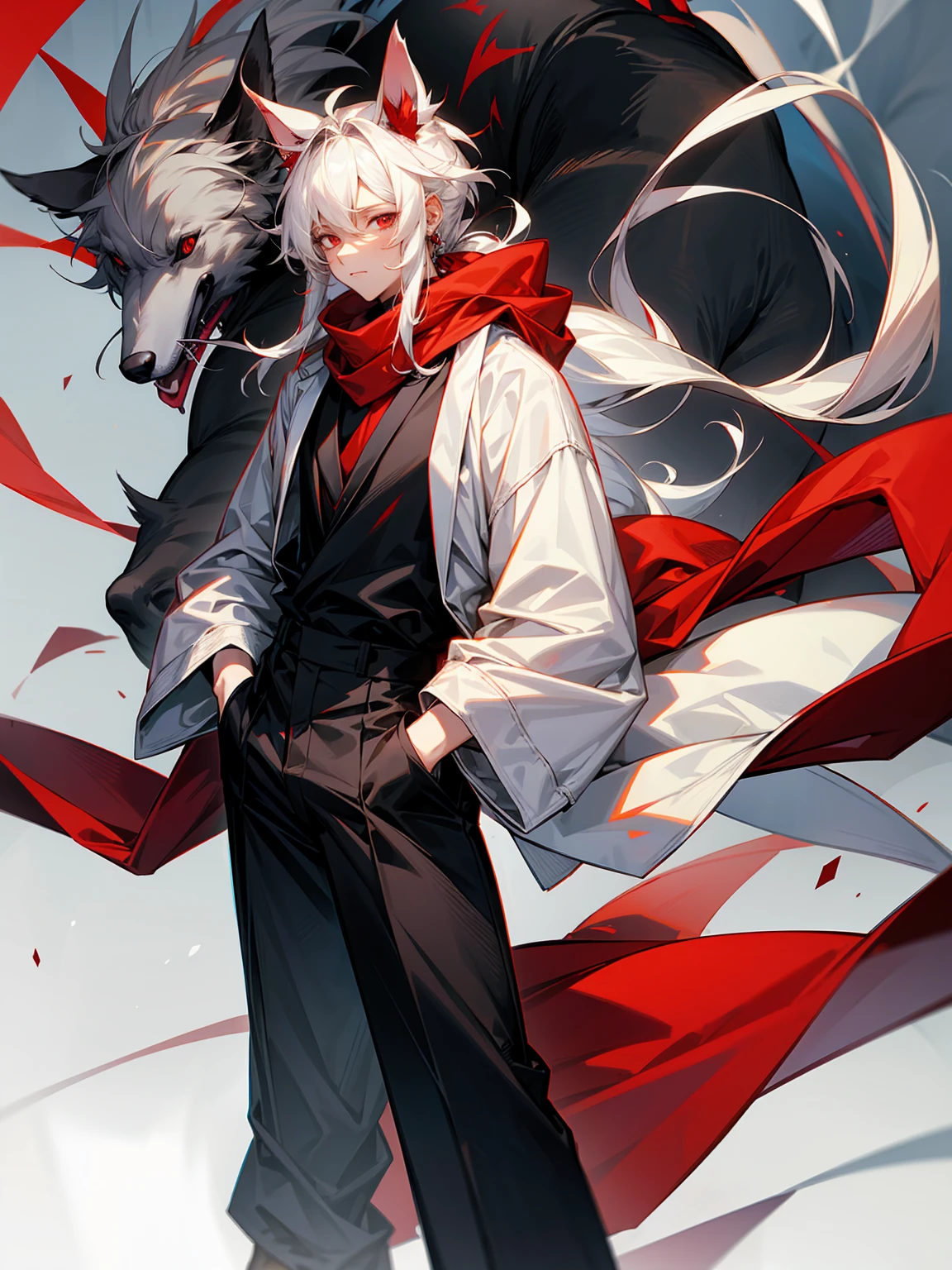 1male, Adult, Long White Hair, White Baggy Long Sleeve Shirt, Baggy Black Pants, Red Eyes, Red Scarf, Earring, Masculine, Dog Ears